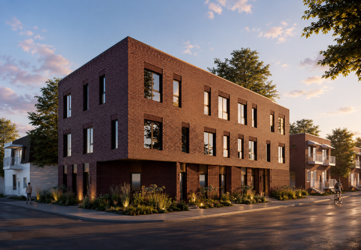 Rendu 3D du projet Lachine : bâtiment résidentiel en brique à l'angle de deux rues.