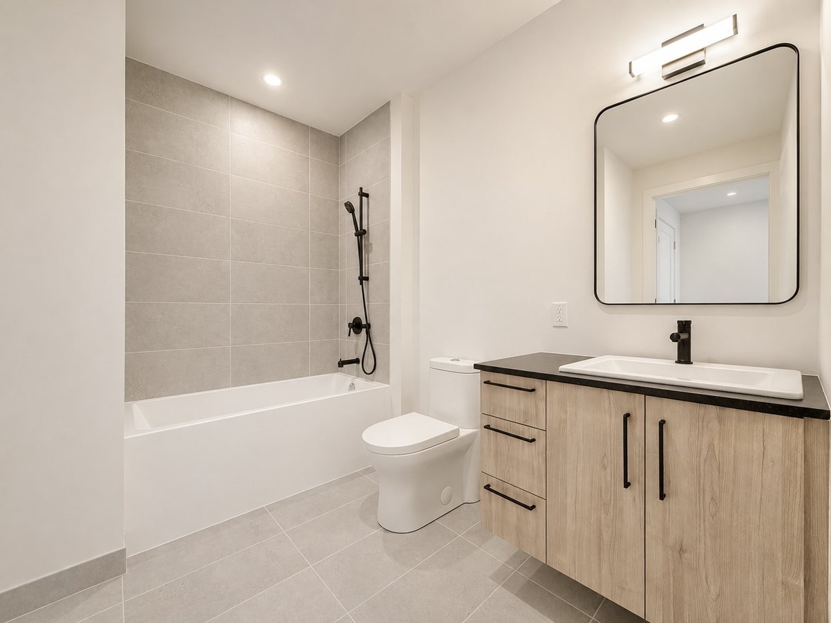 Rosemont : salle de bain avec baignoire, carrelage clair et meuble-lavabo au fini bois.